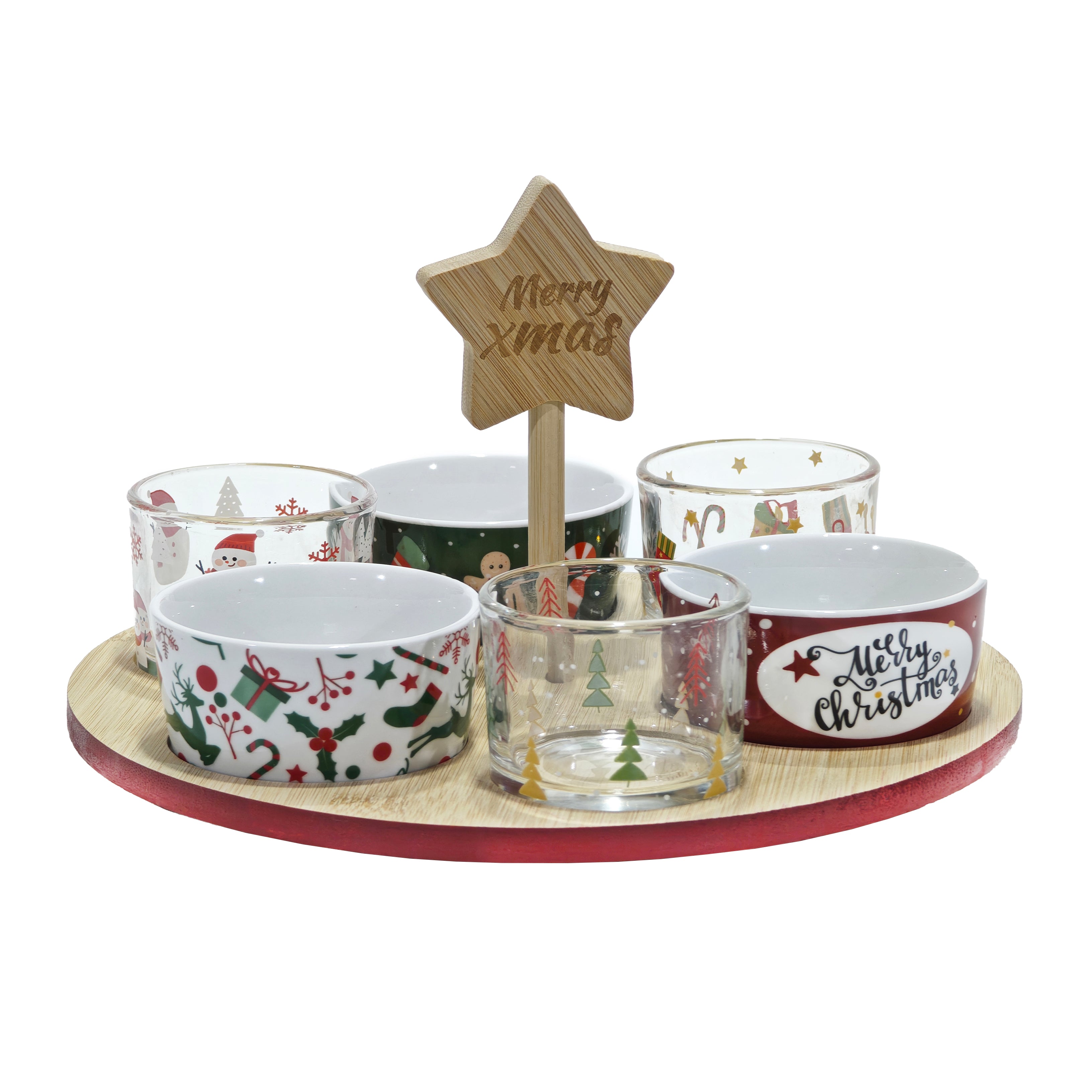 VESTIAMO CASA GRAN NATALE - Antipastiera Natalizia in Bamboo Merry Christmas diametro 27 cm - Set 6 pezzi